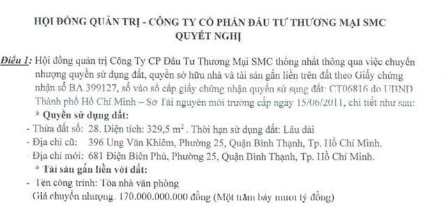 Kinh doanh thua lỗ, Đầu tư Thương mại SMC (SMC) muốn chuyển nhượng trụ sở với gi&#225; 170 tỷ - Ảnh 1