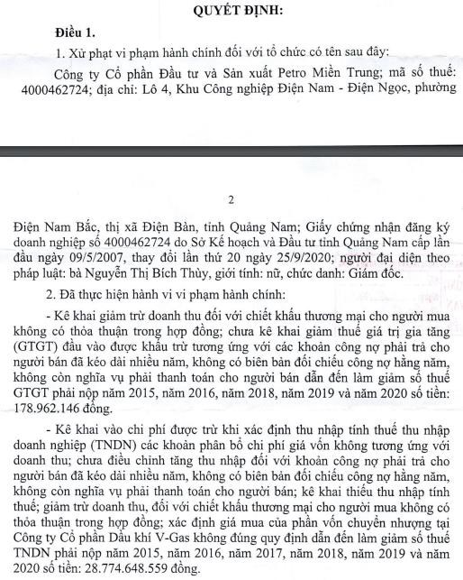 Vi phạm h&#224;nh ch&#237;nh về thuế, h&#243;a đơn, C&#244;ng ty Đầu tư v&#224; sản xuất Petro Miền Trung (PMG) bị xử phạt v&#224; truy thu thuế hơn 37 tỷ đồng - Ảnh 1