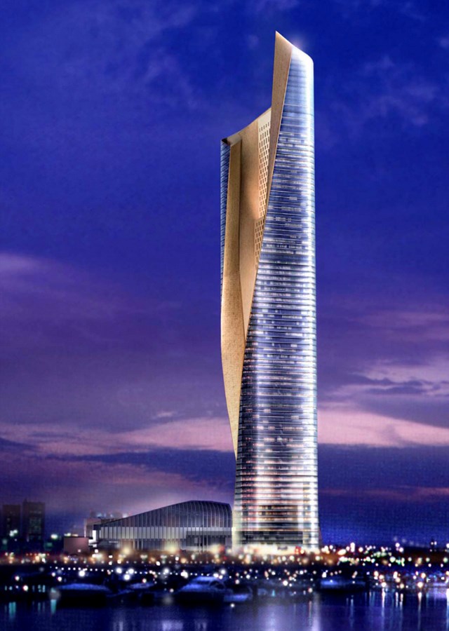 Mang vẻ đẹp hiện đại như một khối đ&aacute;, Al Hamra Firdous nổi bật giữa nền trời xanh v&agrave; l&agrave; t&ograve;a th&aacute;p cao nhất ở Kuwait.