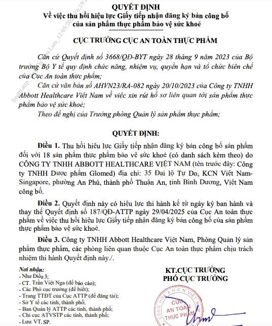 Bộ Y tế thu hồi hiệu lực Giấy tiếp nhận đăng k&#253; bản c&#244;ng bố sản phẩm đối với 18 sản phẩm thực phẩm bảo vệ sức khỏe do Abbott Healthcare Việt Nam c&#244;ng bố - Ảnh 1