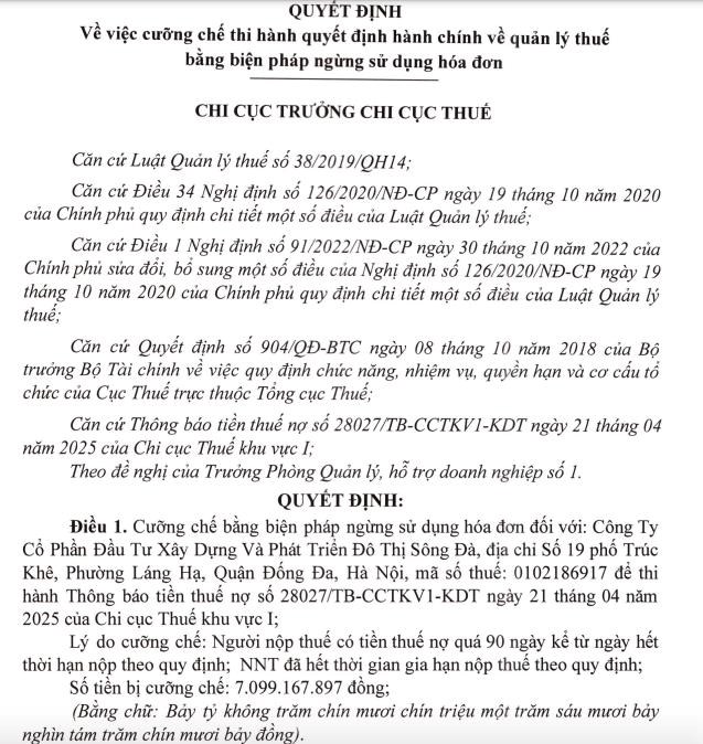 Đầu tư X&#226;y dựng v&#224; Ph&#225;t triển Đ&#244; thị S&#244;ng Đ&#224; (SDU) bị cưỡng chế thuế hơn 7 tỷ đồng - Ảnh 1