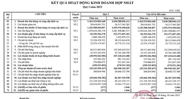 Kết quả kinh doanh qu&yacute; I/2023 của BFC