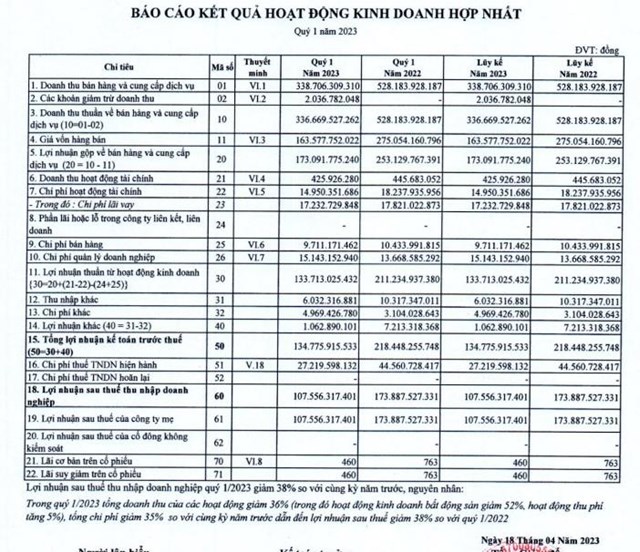 Kết quả kinh doanh qu&yacute; I/2023 của Becamex IJC