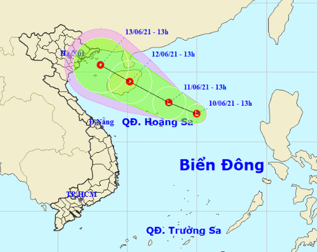 Vị tr&iacute; v&agrave; hướng di chuyển của v&ugrave;ng &aacute;p thấp. Nguồn:&nbsp;Trung t&acirc;m dự b&aacute;o Kh&iacute; tượng thủy văn Quốc gia