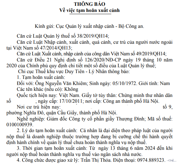Gi&#225;m đốc C&#244;ng ty Giầy Thượng Đ&#236;nh bị tạm ho&#227;n xuất cảnh v&#236; nợ thuế qu&#225; hạn - Ảnh 1