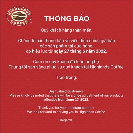 Chuỗi c&#224; ph&#234; Highlands Coffee th&#244;ng b&#225;o tăng gi&#225; đồ uống, c&#243; sản phẩm tăng tới 18%  - Ảnh 1