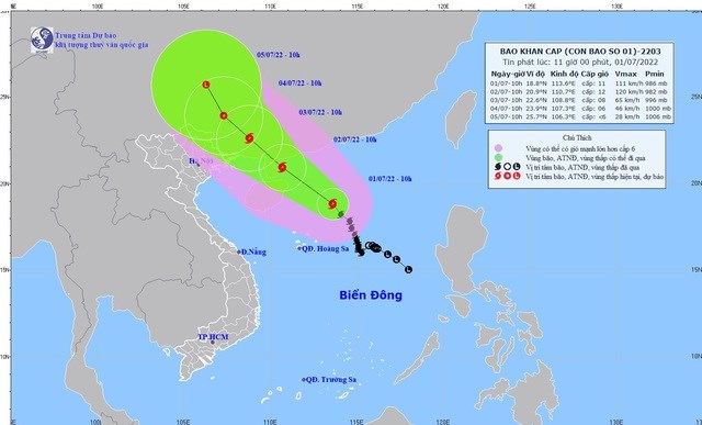 Dự b&aacute;o vị tr&iacute; v&agrave; đường đi của B&atilde;o số 1. (Ảnh:&nbsp;Trung t&acirc;m kh&iacute; tượng thủy văn Quốc gia)