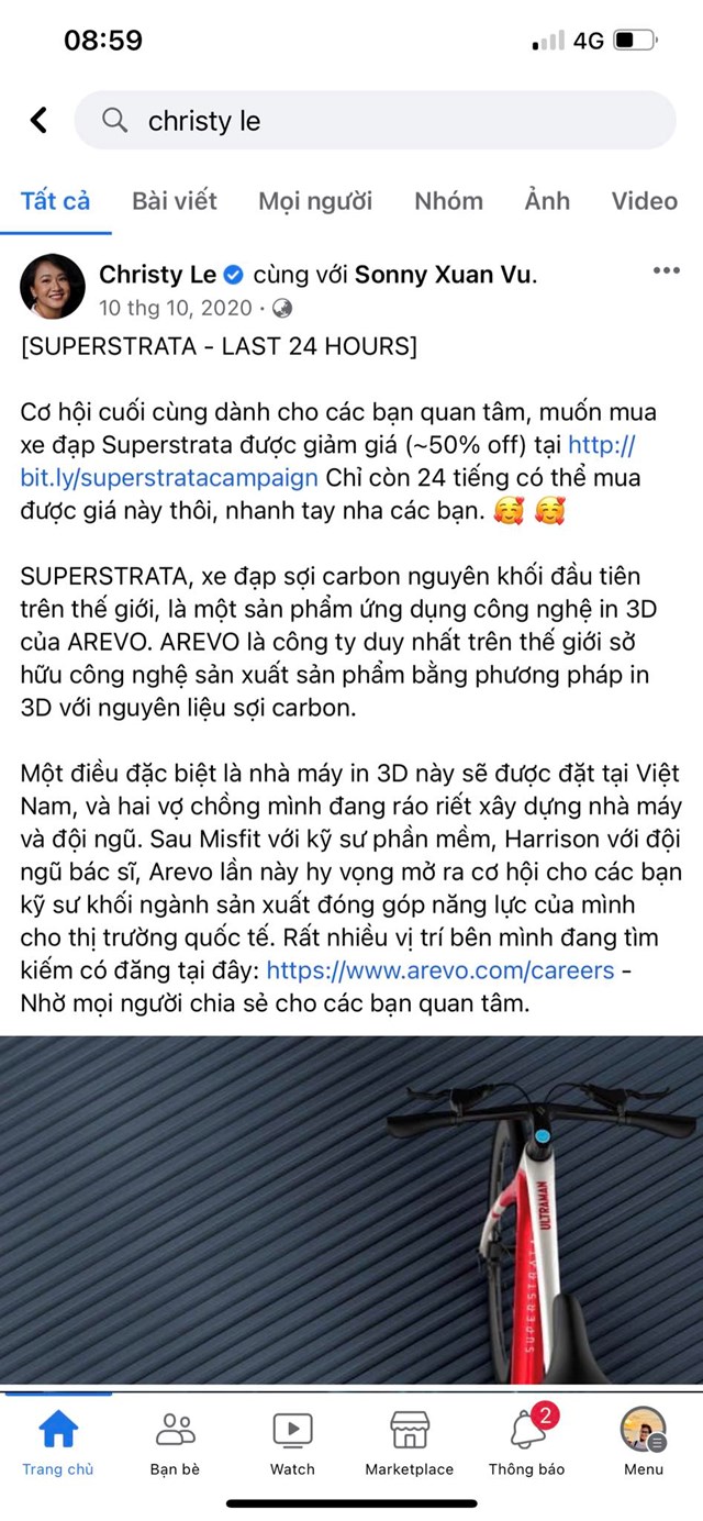 Lời mời mua xe đạp của b&agrave; L&ecirc; Diệp Kiều Trang năm 2020, đường link dẫn về website gọi vốn cộng đồng. (Ảnh: Chụp m&agrave;n h&igrave;nh/Christy Le/Facebook).