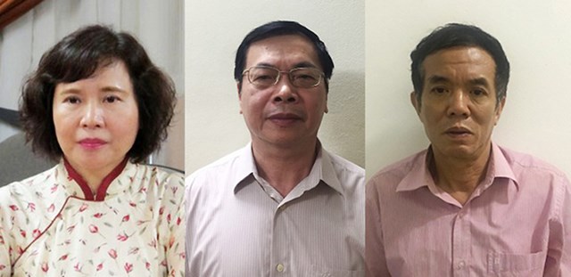 Nguy&ecirc;n thứ trưởng Bộ C&ocirc;ng thương Hồ Thị Kim Thoa (tr&aacute;i, đ&atilde; bỏ trốn); &ocirc;ng Vũ Huy Ho&agrave;ng (giữa) v&agrave; Phan Ch&iacute; Dũng tại cơ quan điều tra. Ảnh:&nbsp;Bộ C&ocirc;ng an.