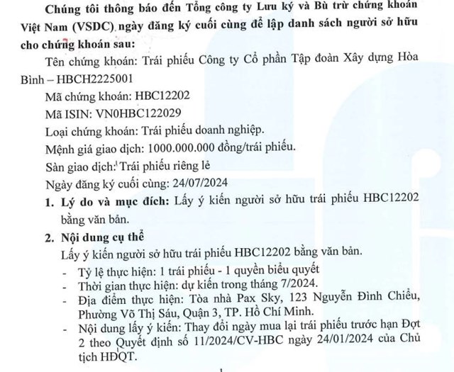 X&#226;y dựng Ho&#224; B&#236;nh (HBC) thay đổi kế hoạch mua lại trước hạn 175 tỷ đồng tr&#225;i phiếu - Ảnh 1