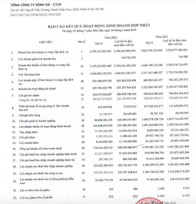 Kết quả kinh doanh qu&yacute; II/2023 của SJG