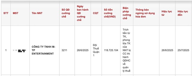 C&#244;ng ty của ca sĩ Sơn T&#249;ng M-TP bị cưỡng chế thuế - Ảnh 1