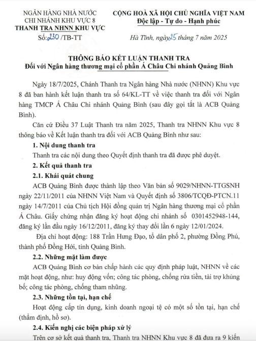Thanh tra chỉ ra tồn tại trong hoạt động t&#237;n dụng, kinh doanh ngoại tệ tại ng&#226;n h&#224;ng ACB chi nh&#225;nh Quảng B&#236;nh - Ảnh 1