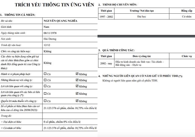 Th&ocirc;ng tin ứng vi&ecirc;n Quang Nghĩa được bầu v&agrave;o Hội đồng quản trị