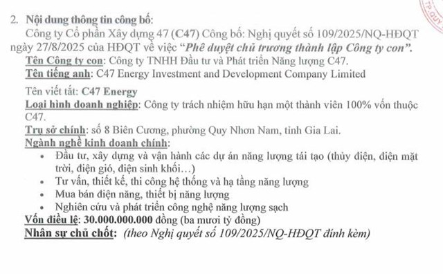 Lợi nhuận b&#225;n ni&#234;n tăng ấn tượng, X&#226;y dựng 47 (C47) th&#224;nh lập c&#244;ng ty năng lượng vốn 30 tỷ đồng - Ảnh 1