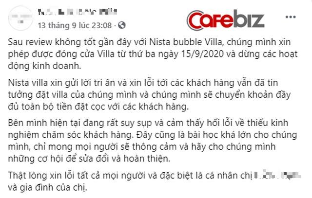 Sau scandal quảng c&#225;o nh&#224; bong b&#243;ng nhưng b&#225;n “lều vịt”, villa tại S&#243;c Sơn đ&#227; th&#244;ng b&#225;o đ&#243;ng cửa k&#232;m lời nhắn: “Ch&#250;ng t&#244;i đang rất suy sụp v&#224; hối lỗi” - Ảnh 3