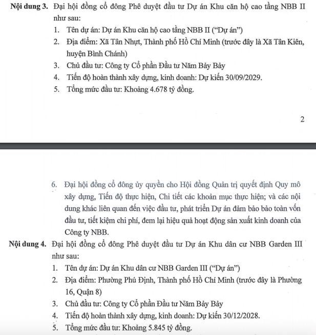 C&#244;ng ty Năm Bảy Bảy (NBB): muốn đầu tư 2 dự &#225;n tổng vốn hơn 10.500 tỷ đồng, thay đổi nh&#226;n sự cấp cao - Ảnh 1