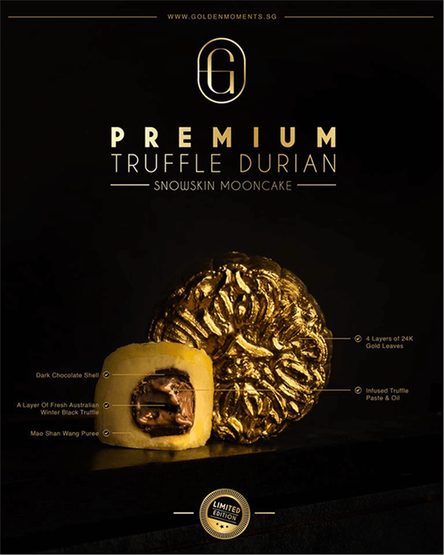 Sản phẩm b&aacute;nh trung thu phủ v&agrave;ng phi&ecirc;n bản giới hạn mang t&ecirc;n Premium Mao Shan Wang Truffle Snowskin Mooncake.