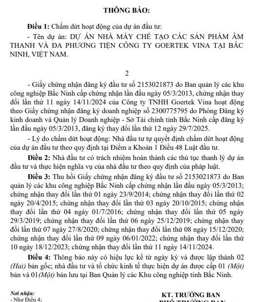 Dự &#225;n nh&#224; m&#225;y chế tạo c&#225;c sản phẩm &#226;m thanh v&#224; đa phương tiện c&#244;ng ty Goertek Vina tại Bắc Ninh chấm dứt hoạt động - Ảnh 1