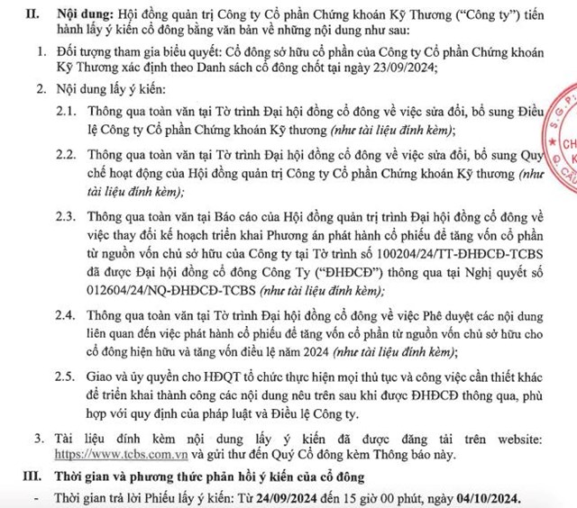 Chứng kho&#225;n Kỹ Thương (TCBS) lấy &#253; kiến cổ đ&#244;ng về phương &#225;n ph&#225;t h&#224;nh cổ phiếu thưởng để tăng vốn - Ảnh 1