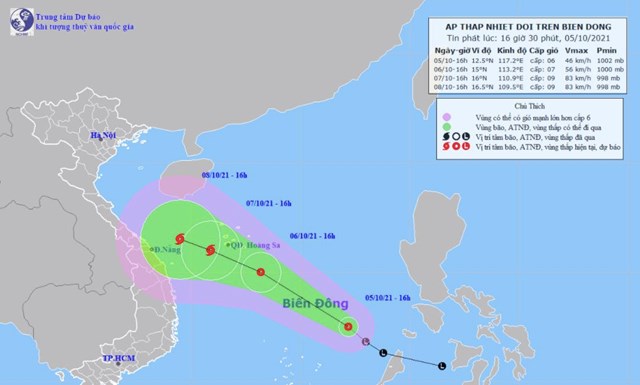 Dự b&aacute;o đường đi của &aacute;p thấp v&agrave; b&atilde;o trong v&agrave;i ng&agrave;y tới. Ảnh:&nbsp;Trung t&acirc;m dự b&aacute;o kh&iacute; tượng thủy văn quốc gia.