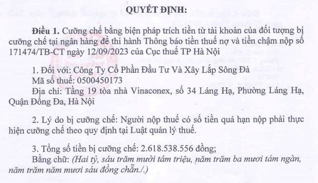 Đầu tư v&#224; X&#226;y lắp S&#244;ng Đ&#224; (SDD) bị cưỡng chế thi h&#224;nh về thuế hơn 2,6 tỷ đồng tại 7 ng&#226;n h&#224;ng - Ảnh 1