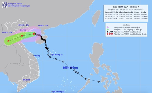 Dự b&aacute;o đường đi của b&atilde;o số 7. Ảnh:&nbsp;Trung t&acirc;m kh&iacute; tượng thủy văn quốc gia.