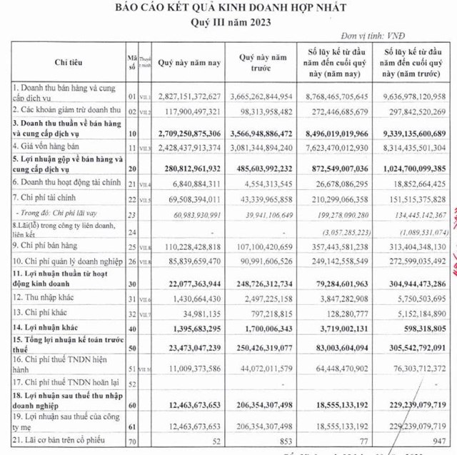 Kết quả kinh doanh hợp nhất qu&yacute; III/2023 của DBC
