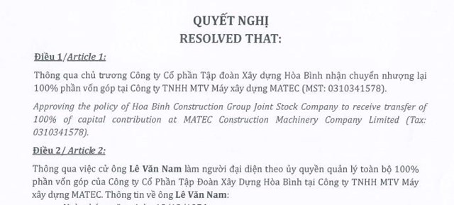 Tập đo&#224;n X&#226;y dựng Ho&#224; B&#236;nh (HBC) nhận chuyển nhượng lại 100% vốn tại C&#244;ng ty M&#225;y x&#226;y dựng Matec - Ảnh 1