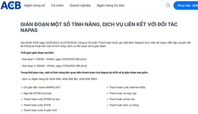 Nhiều ng&#226;n h&#224;ng sẽ kh&#244;ng thực hiện giao dịch với c&#225;c t&#237;nh năng li&#234;n quan đến thanh to&#225;n qua NAPAS trong ng&#224;y 01/11/2024 - Ảnh 2