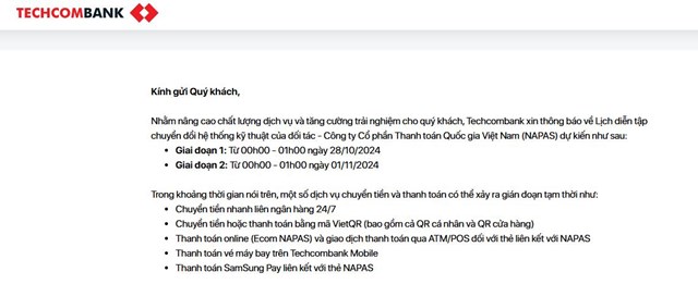 Nhiều ng&#226;n h&#224;ng sẽ kh&#244;ng thực hiện giao dịch với c&#225;c t&#237;nh năng li&#234;n quan đến thanh to&#225;n qua NAPAS trong ng&#224;y 01/11/2024 - Ảnh 1