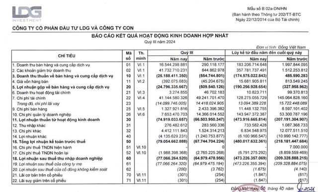 Công ty Đầu tư LDG (LDG) báo lỗ 473,2 tỷ đồng trong 9 tháng đầu năm 2024, lượng tiền mặt chỉ còn 410 triệu đồng - Ảnh 1 Công ty Đầu tư LDG (LDG) báo lỗ 473,2 tỷ đồng trong 9 tháng đầu năm 2024, lượng tiền mặt chỉ còn 410 triệu đồng - Ảnh 1