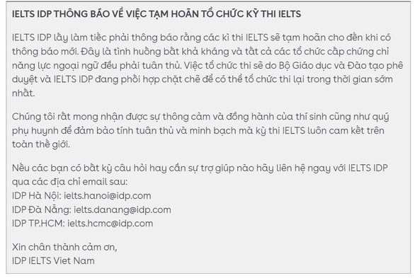 Ảnh chụp m&agrave;n h&igrave;nh th&ocirc;ng b&aacute;o của IDP Education Việt Nam.
