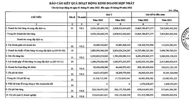 Kết quả kinh doanh qu&yacute; III/2022 của DPM.