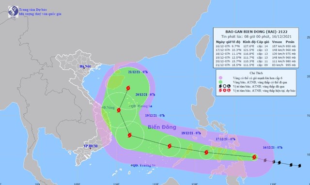 Vị tr&iacute; v&agrave; dự b&aacute;o hướng đi của b&atilde;o Rai. Ảnh:&nbsp;Trung t&acirc;m dự b&aacute;o kh&iacute; tượng thủy văn quốc gia