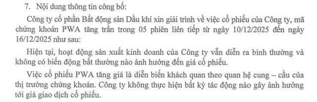 Cổ phiếu tăng trần 5 phiên liên tiếp, Bất động sản Dầu khí (PWA) nói gì? - Ảnh 1