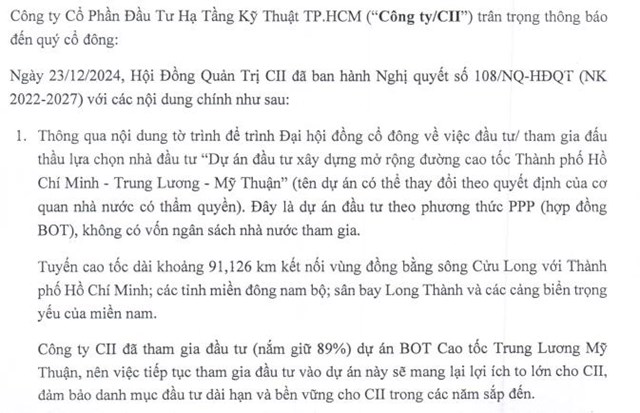 Đầu tư Hạ tầng Kỹ thuật TP Hồ Ch&#237; Minh (CII): Tổ chức quay số tr&#250;ng thưởng d&#224;nh cho cổ đ&#244;ng tham dự ĐHĐCĐ bất thường, dự chi 160 tỷ đồng trả cổ tức - Ảnh 1