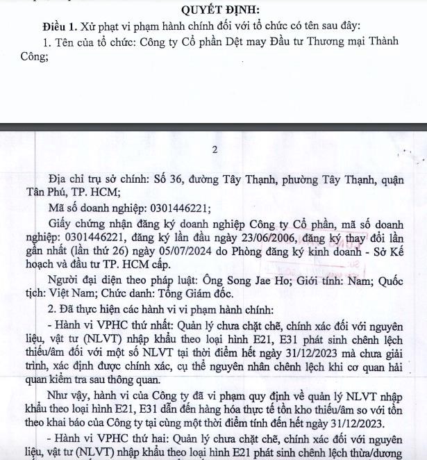 Dệt may Th&#224;nh C&#244;ng (TCM) bị phạt hơn 1,79 tỷ đồng do vi phạm về thuế trong lĩnh vực hải quan - Ảnh 1