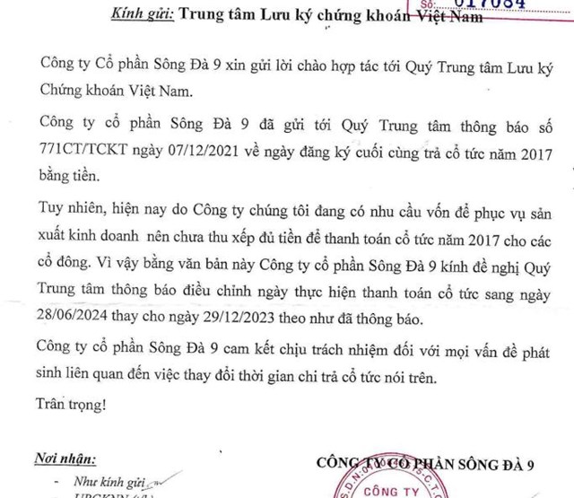 Để c&#243; tiền phục vụ sản xuất, S&#244;ng Đ&#224; 9 (SD9) tiếp tục l&#249;i thời gian trả cổ tức 2017 lần thứ 10 - Ảnh 1