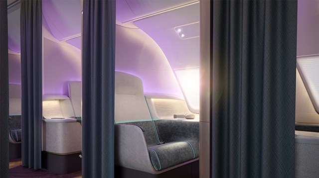 Đối với hạng thương gia Pure Skies Room, không gian cá nhân sẽ được ưu tiên đến sự riêng tư, hoàn toàn kín đáo và được phân chia bằng rèm cửa. Hành khách hoàn toàn có thể điều khiển hệ thống ánh sáng, nhiệt độ, tủ đồ cá nhân và khoang chứa đồ trên cao. 