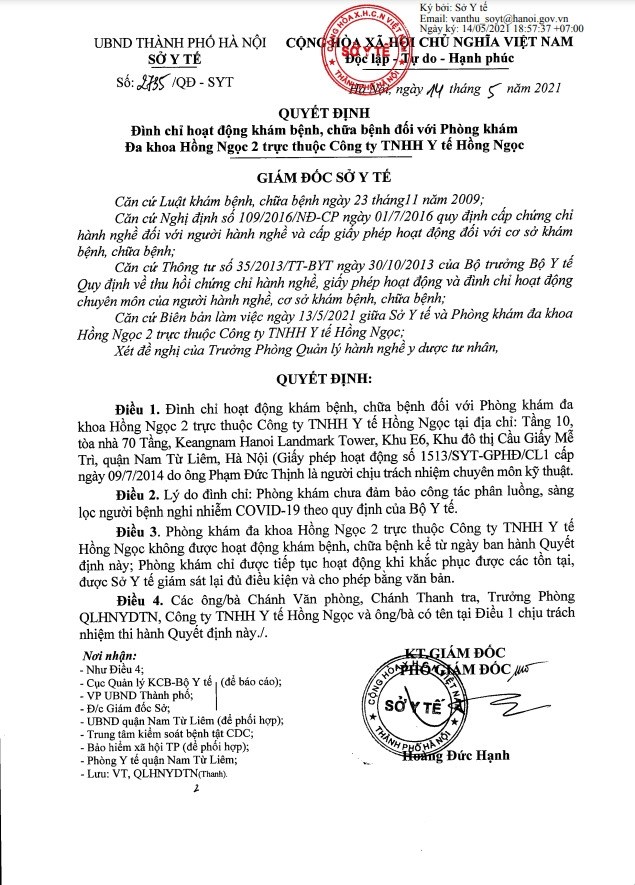 Quyết định 2735/QĐ-SYT đ&igrave;nh chỉ hoạt động của Ph&ograve;ng kh&aacute;m đa khoa quốc tế Hồng Ngọc 2. Ảnh: Sở Y tế TP.H&agrave; Nội