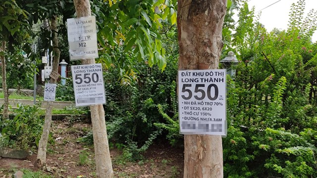 Biển rao b&aacute;n đất, quảng c&aacute;o dự &aacute;n được tận dụng treo ở nhiều nơi tại Long Th&agrave;nh. Ảnh: Trần L&acirc;n