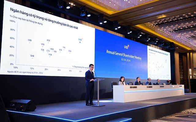 &Ocirc;ng Hồ V&acirc;n Long, Ph&oacute; Tổng gi&aacute;m đốc thường trực ki&ecirc;m Gi&aacute;m đốc t&agrave;i ch&iacute;nh VIB b&aacute;o c&aacute;o tại ĐHĐCĐ 2024.