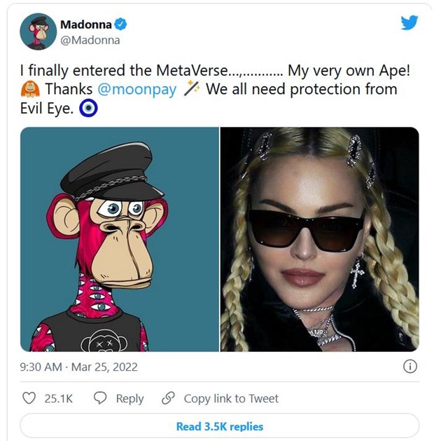Madonna vui mừng th&ocirc;ng b&aacute;o việc sở hữu NFT&nbsp;Bored Ape Yacht Club tr&ecirc;n Twitter. Ảnh: Twitter nh&acirc;n vật.