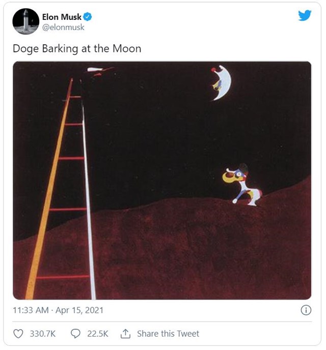 D&ograve;ng tweet tưởng như đ&ugrave;a của Elon Musk được cho l&agrave; nguy&ecirc;n nh&acirc;n khiến gi&aacute; dogecoin tăng ch&oacute;ng mặt. Ảnh: Twitter.