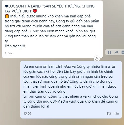 Hình ảnh nhân sự chia sẻ khi nhận được quà hỗ trợ
