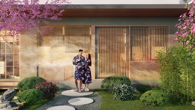 Nguồn kho&aacute;ng thanh xu&acirc;n dẫn v&agrave;o từng căn biệt thự Sun Beauty Onsen tại Thanh H&oacute;a. Ảnh phối cảnh minh họa