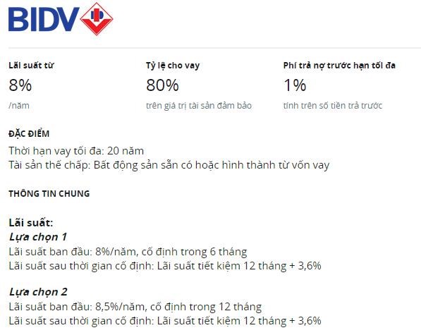 L&atilde;i suất cho vay mua nh&agrave; của BIDV