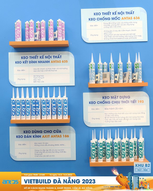 Trưng b&agrave;y đa dạng mẫu sản phẩm keo silicone Antas