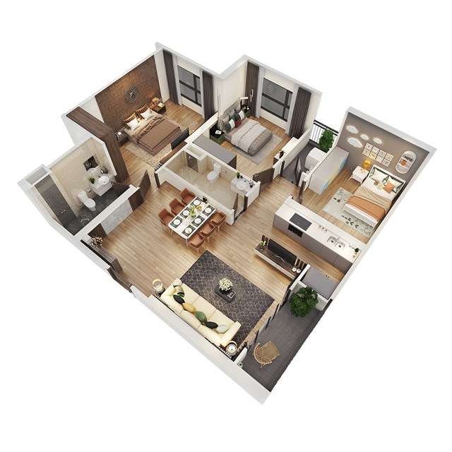C&oacute; diện t&iacute;ch lớn, căn hộ 3 ph&ograve;ng ngủ The Sakura được bố tr&iacute; khoa học với 3 ph&ograve;ng ngủ, 1 ph&ograve;ng kh&aacute;ch, 1 ph&ograve;ng bếp, 1 ph&ograve;ng ăn v&agrave; 2 WC.